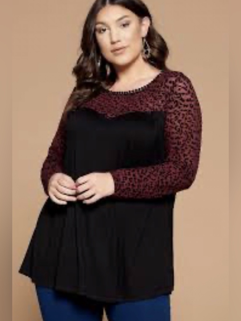 Emerald Black Tunic with Burgundy Leopard Yoke